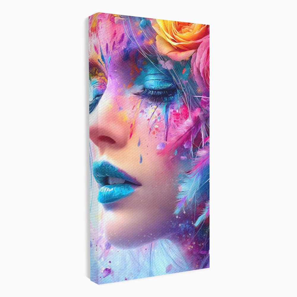 Tablou canvas cu tablou canvas cu fata artistica si flori, fara rama, pe sasiu de lemn